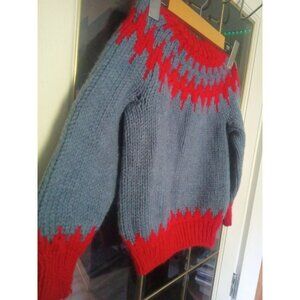Vintage Hand-Knit Fair Isle Sweater Red Blue Kids Wool Long Sleeve Cozy